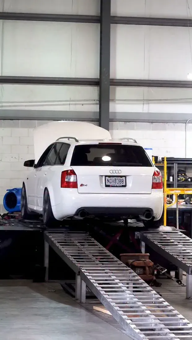 White Audi B6 S4 Avant on the dyno