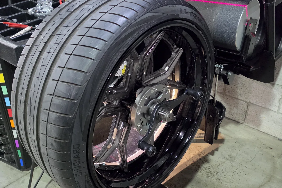 Wheel and tire setup on Hunter Road Force balancing equipment at Vollux Autowerks