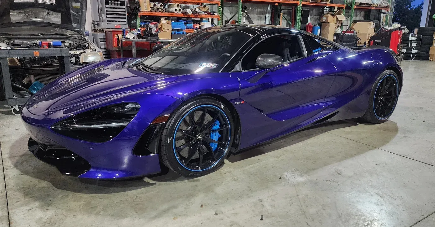 Purple McLaren 720S inside the shop