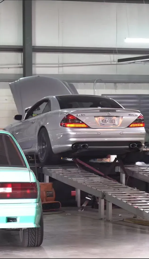 Silver Mercedes-Benz SL55 AMG on the dyno