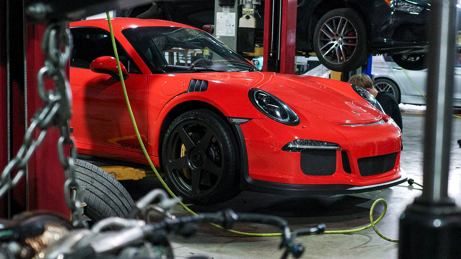 Porsche 911 GT3 RS in the service bay at Vollux Autowerks