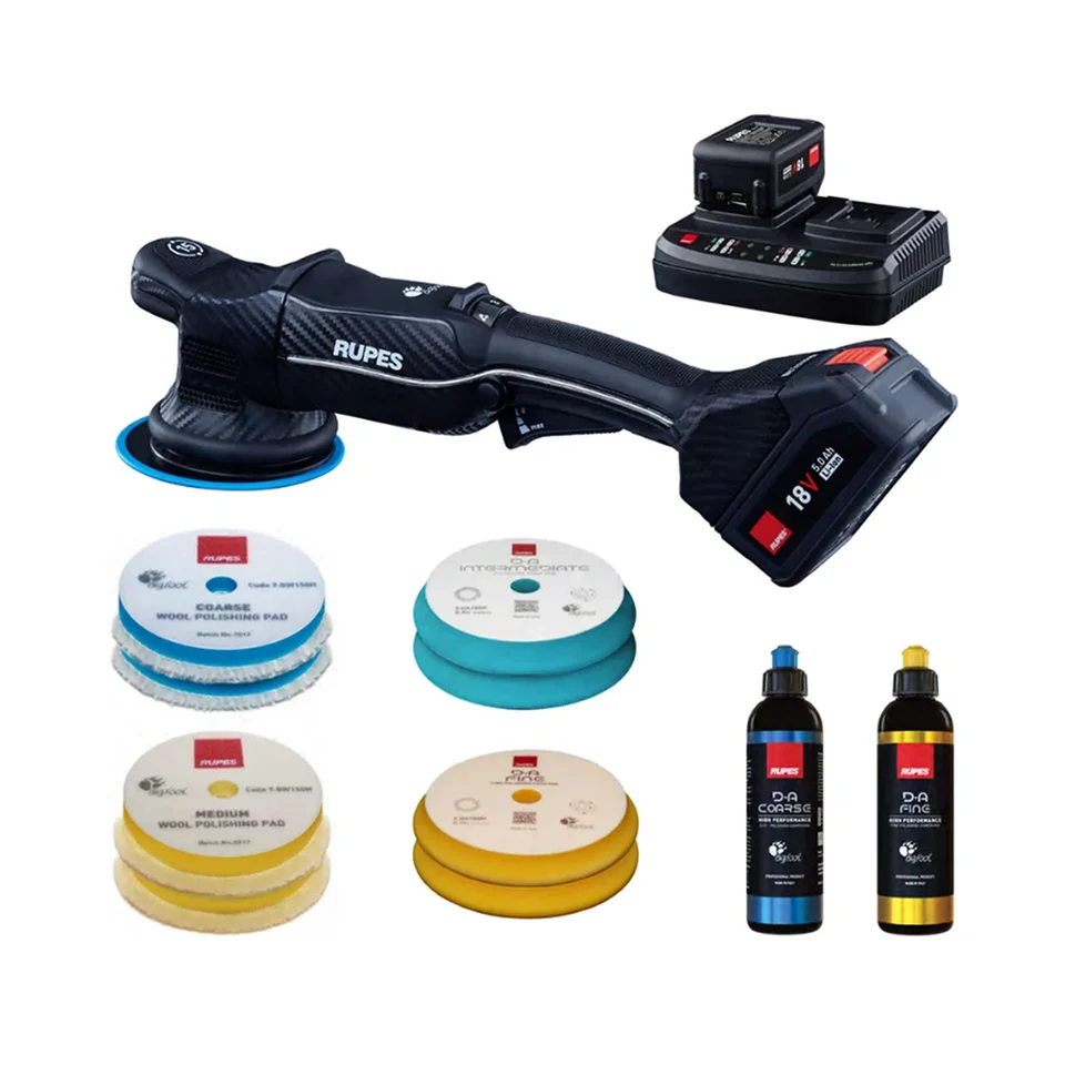 RUPES BigFoot iBrid HLR 15 polisher kit with battery, charger, pads and liquids