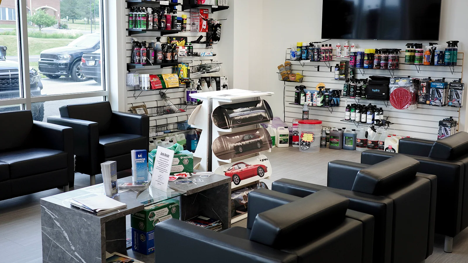 Detailing supplies along the walls of the Vollux showroom in Schnecksville