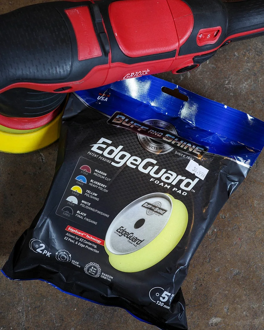 Buff and Shine EdgeGuard pad beside a machine polisher at Vollux
