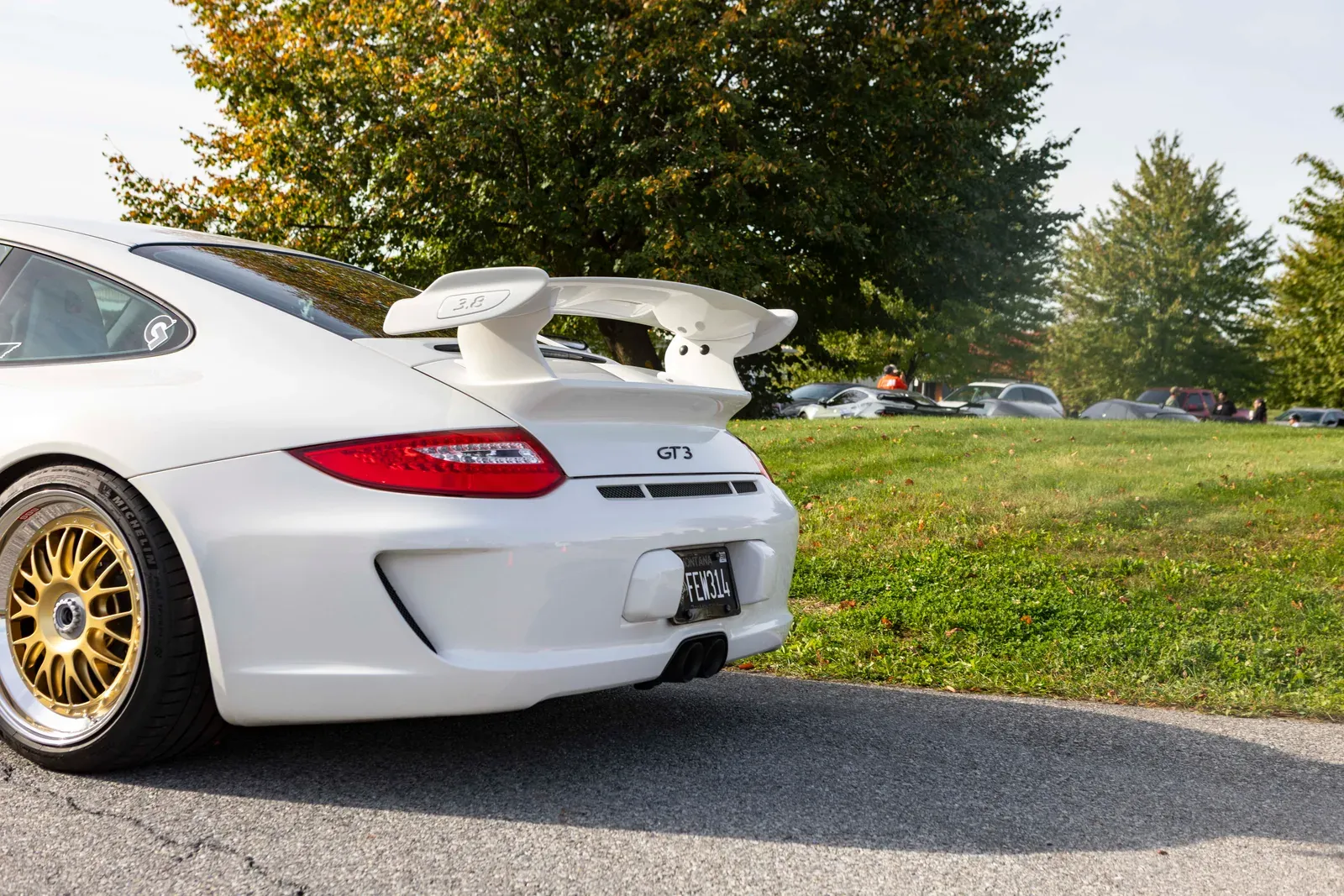 A white Porsche GT3 parked beside the lawn.